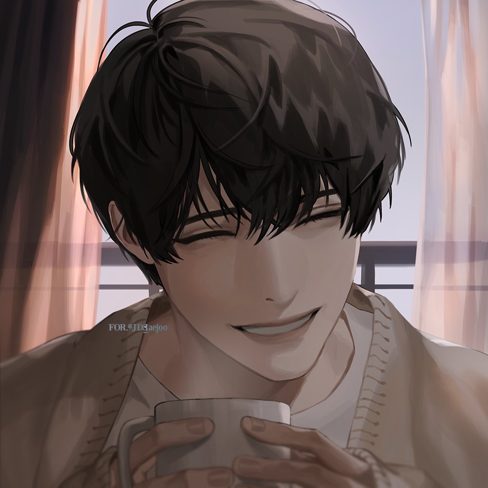 blackbox (blackbox9158), kim dokja, omniscient reader's viewpoint, variant set, 1boy, :d, aegyo sal, black hair, blanket, blanket cape, closed eyes, cup, curtains, day, hair between eyes, holding, holding cup, looking at viewer, male focus, open mouth, shirt, short hair, smile, solo, white shirt, window