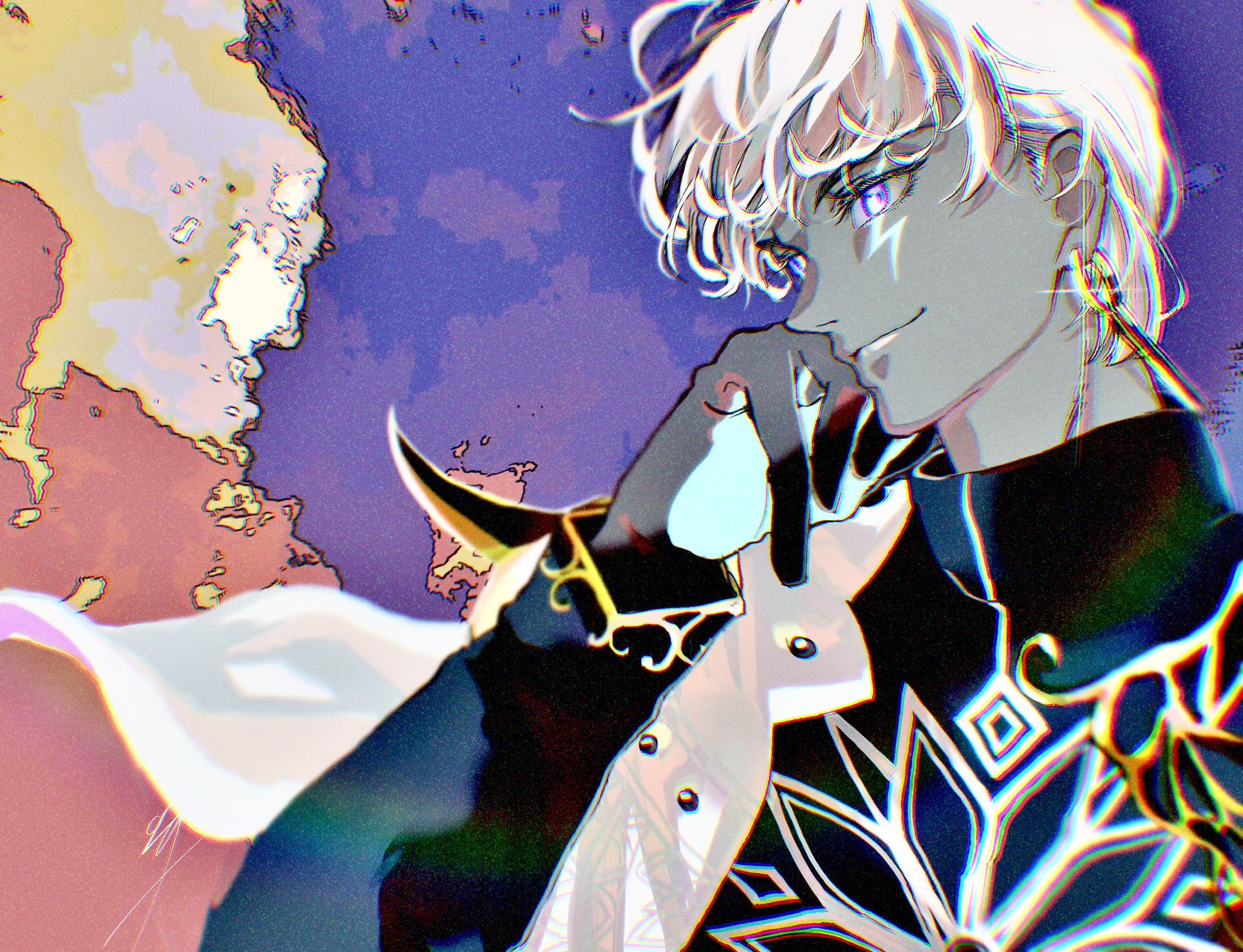 kuno (haruru hope), indra (fate), fate/grand order, fate (series), highres, 1boy, black shirt, blue eyes, colored skin, dark-skinned male, dark skin, earrings, grey skin, jewelry, lightning bolt facial mark, long sleeves, male focus, shirt, short hair, smile, solo, upper body, white hair