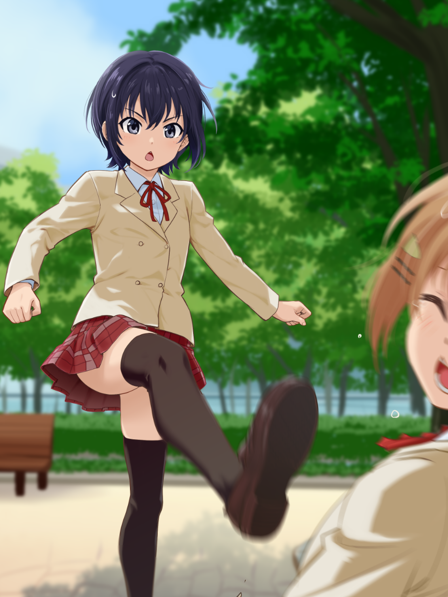 mako-chan (minami-ke), makoto (minami-ke), minami touma, minami-ke, highres, 1boy, 1girl, bench, black eyes, black hair, black thighhighs, blue sky, blurry, blurry background, blurry foreground, blush, bokeh, bow, brown hair, brown jacket, brown shoes, chestnut mouth, closed eyes, cloud, crossdressing, crossdressing (mtf), day, depth of field, flat chest, foot out of frame, grass, hair ornament, hairclip, jacket, kicking, leg up, loafers, long sleeves, looking at another, open mouth, outdoors, park, park bench, plaid clothes, plaid skirt, pleated skirt, red bow, red skirt, school uniform, shirt, shoe soles, shoes, short hair, skirt, sky, solo focus, standing, standing on one leg, tare mamire, teeth, thighhighs, tree, upper teeth only, v-shaped eyebrows, water drop, wet, wet hair, white shirt, winter uniform, wooden bench
