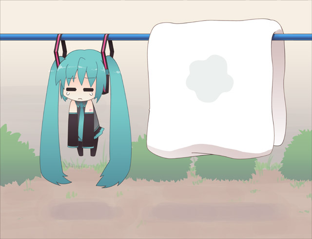 hinata (artist), magamoto, hatsune miku, vocaloid, 1girl, absurdly long hair, aqua hair, aqua necktie, black thighhighs, chibi, detached sleeves, female focus, frown, hanging, long hair, necktie, solo, tears, thighhighs, twintails, very long hair