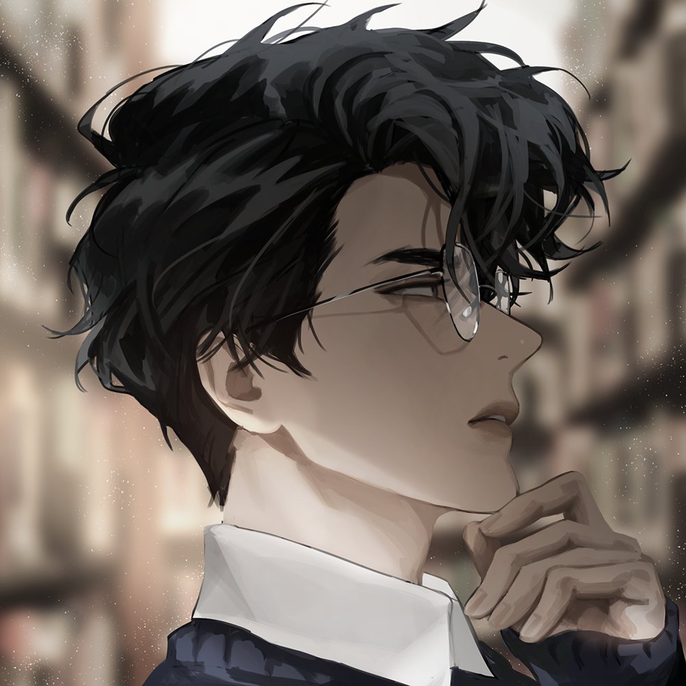 blackbox (blackbox9158), yoo joonghyuk, omniscient reader's viewpoint, commentary, symbol-only commentary, 1boy, alternate costume, black eyes, black hair, black vest, blurry, blurry background, book, bookshelf, collared shirt, curtained hair, from side, glasses, hand on own chin, indoors, library, male focus, portrait, shirt, short hair, sideburns, solo, too many, too many books, vest, white shirt