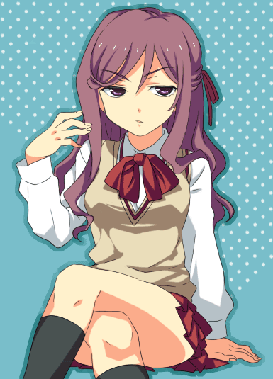 jimeko, miyazaki miyako, bamboo blade, 00s, 1girl, crossed legs, female focus, half updo, school uniform, serafuku, solo, sweater, sweater vest, vest