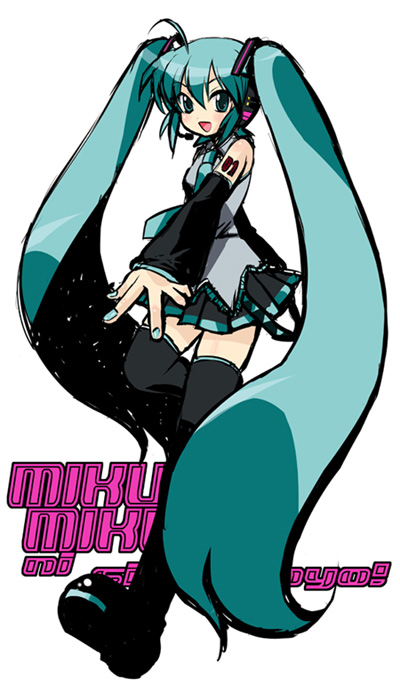 asai ichiko, hatsune miku, vocaloid, 1girl, aqua hair, black thighhighs, female focus, long hair, solo, thighhighs, twintails, very long hair