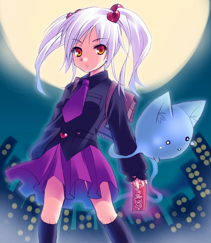 komi zumiko, original, 1girl, black shirt, black socks, city, cropped legs, female focus, full moon, ghost, holding, long sleeves, looking at viewer, miniskirt, moon, necktie, night, night sky, outdoors, purple skirt, shirt, skirt, sky, socks, solo, standing, twintails, white hair, yellow eyes