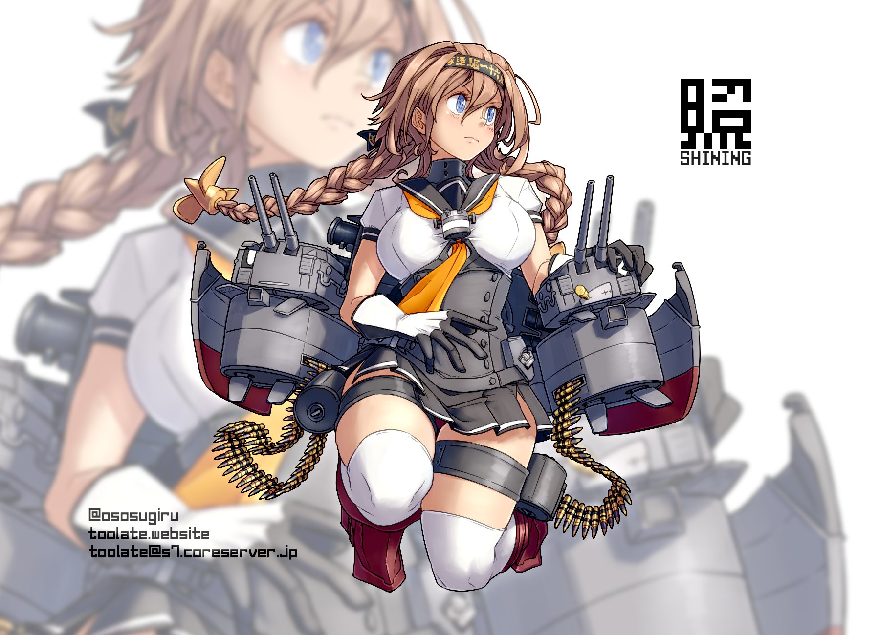 oso (toolate), chou-10cm-hou-chan, chou-10cm-hou-chan (teruzuki's), teruzuki (kancolle), kantai collection, highres, 1girl, black headband, black sailor collar, blue eyes, blush, braid, breasts, brown hair, bullet, cannon, clothes writing, corset, gloves, grey eyes, hachimaki, hair flaps, hair ornament, hairband, headband, long hair, machinery, multicolored gloves, neckerchief, orange neckerchief, pleated skirt, propeller hair ornament, sailor collar, school uniform, serafuku, skirt, smile, twin braids, white background, zoom layer