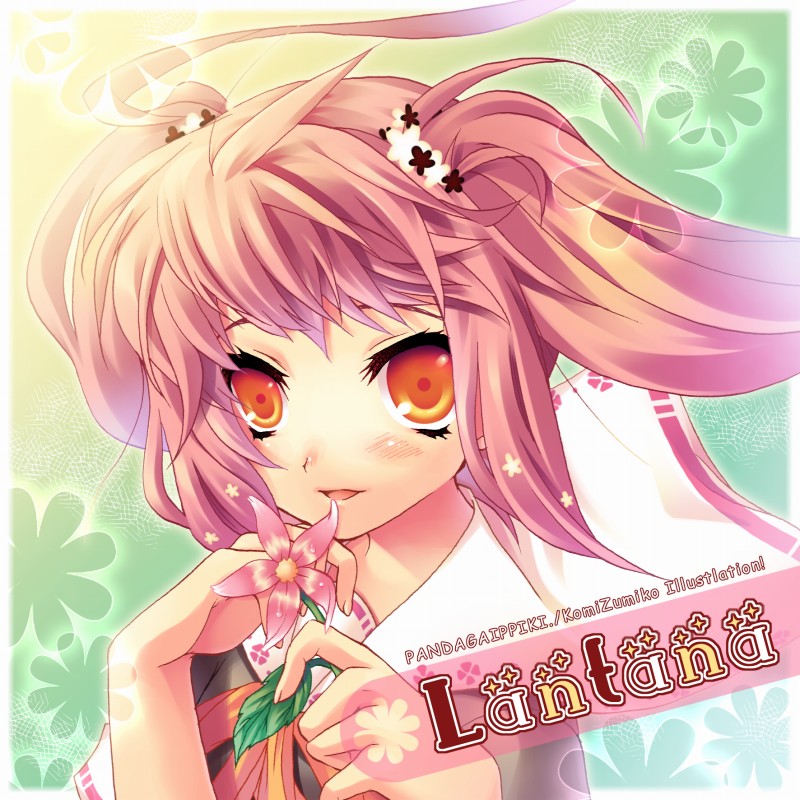 komi zumiko, original, 1girl, :d, blush, collar, collarbone, female focus, flower, hair ornament, hair scrunchie, holding, light smile, looking at viewer, open mouth, orange eyes, parted lips, pink hair, school uniform, scrunchie, serafuku, short hair, smile, solo, text focus, upper body