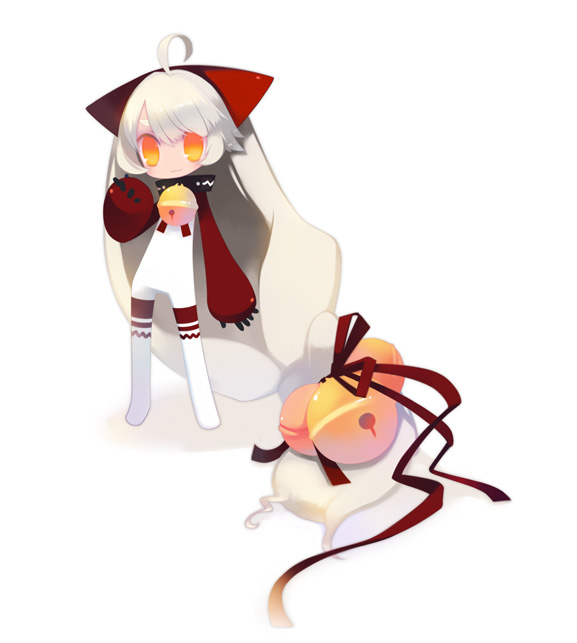 puti devil, original, ahoge, animal ears, bell, bow, cat ears, collar, long hair, neck bell, orange eyes, ribbon, solo, white hair