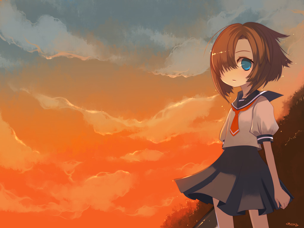 puti devil, ryuuguu rena, higurashi no naku koro ni, 00s, 1girl, blue eyes, cloud, crazy eyes, female focus, hair over one eye, orange hair, outdoors, school uniform, serafuku, short hair, sky, solo, sunset