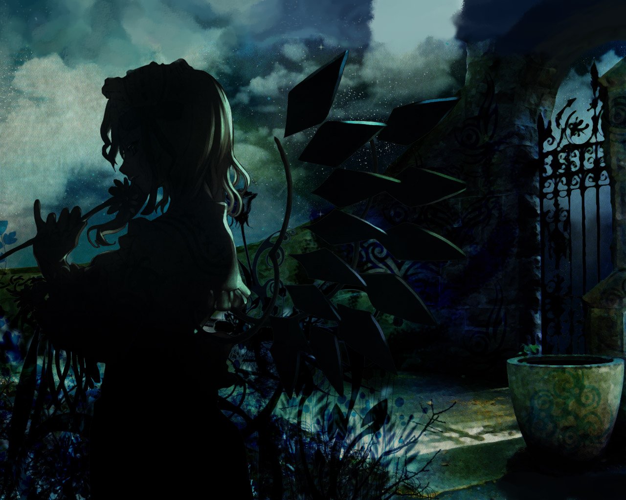 cradle (circle), kuroya shinobu, flandre scarlet, touhou, 1girl, female focus, flower, from side, gate, looking back, night, silhouette, solo, wavy hair, wings