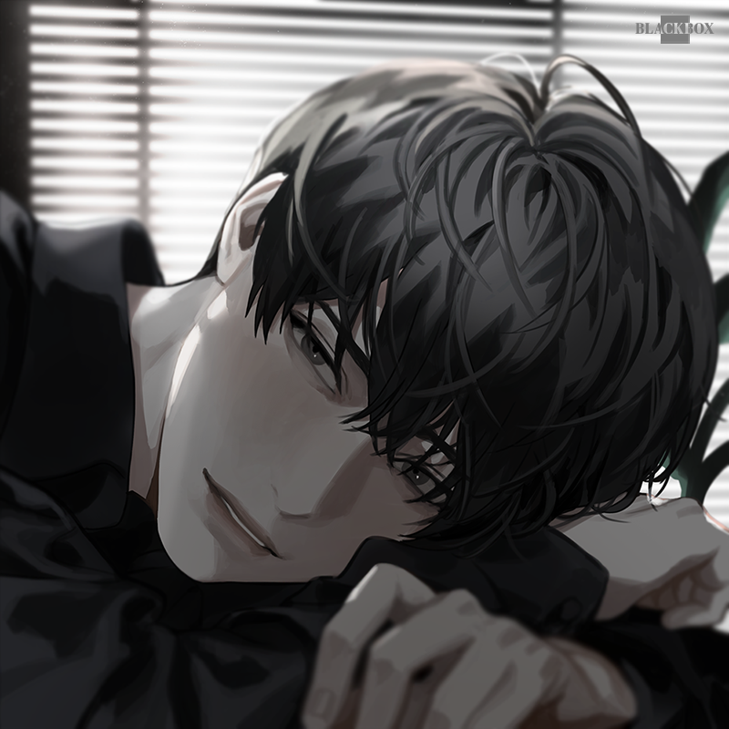 blackbox (blackbox9158), yoo joonghyuk, omniscient reader's viewpoint, 1boy, bags under eyes, black eyes, black hair, black shirt, collared shirt, crossed arms, crossed bangs, fern, hair between eyes, head down, indoors, looking at viewer, male focus, parted lips, portrait, shirt, short hair, smile, solo, sparkling eyes, window blinds, window light