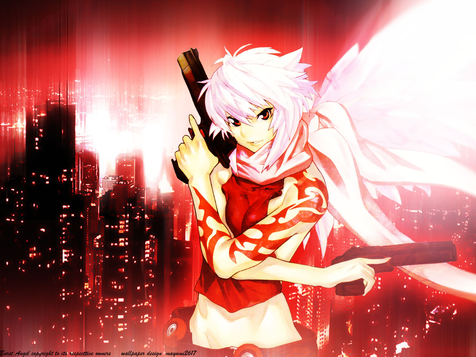 hakua ugetsu, jo (bakuretsu tenshi), bakuretsu tenshi, highres, 00s, 1girl, backlighting, breast press, breasts, building, cityscape, crossed arms, dual persona, female focus, gun, handgun, holding, holding gun, holding weapon, looking at viewer, medium breasts, pistol, red eyes, red shirt, scarf, shirt, single wing, skyscraper, solo, tattoo, upper body, weapon, white hair, white wings, wings