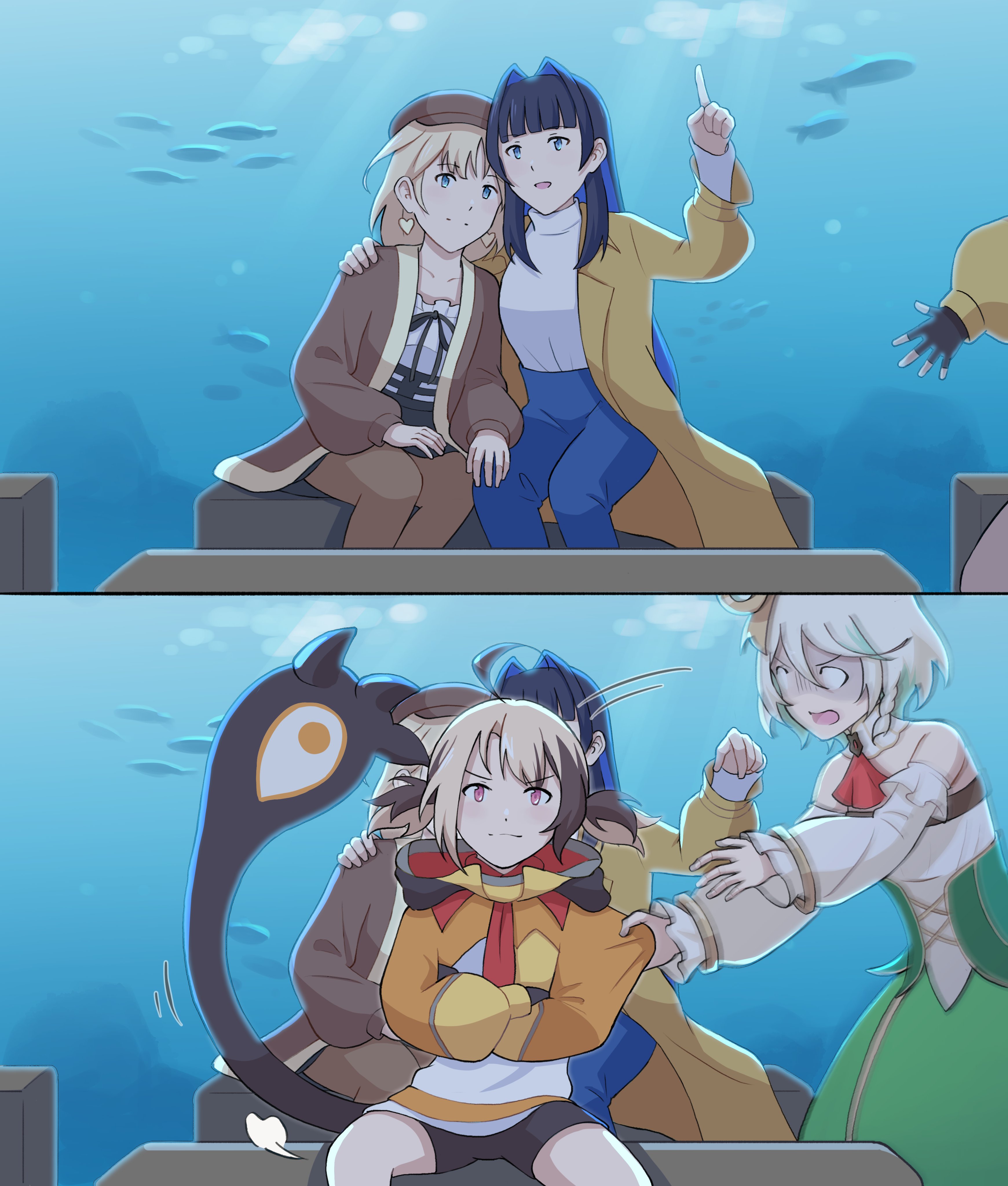 cecilia immergreen, gigi murin, ouro kronii, watson amelia, hololive, hololive english, 4girls, aquarium, multiple girls, smile, virtual youtuber