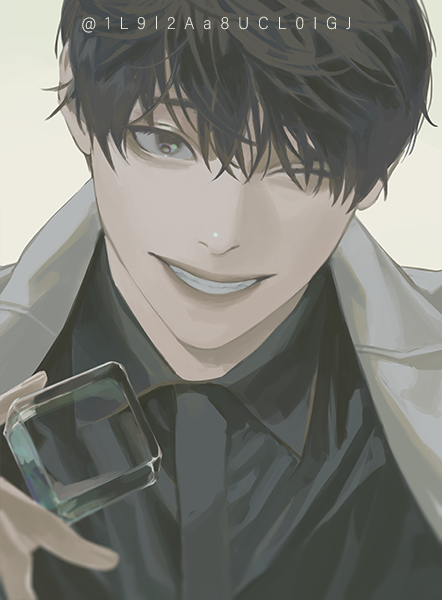 blackbox (blackbox9158), kim dokja, omniscient reader's viewpoint, 1boy, :d, ;d, aegyo sal, black eyes, black hair, black shirt, coat, collared shirt, glass, holding cube, looking at viewer, male focus, one eye closed, open mouth, popped collar, shirt, short hair, smile, solo, upper body, white coat