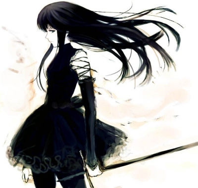 lowres, 1girl, bare shoulders, black dress, black gloves, black hair, breasts, cowboy shot, cropped legs, dress, elbow gloves, female focus, gloves, goth fashion, holding, holding weapon, long hair, pale skin, pantyhose, small breasts, solo, sword, weapon, wind