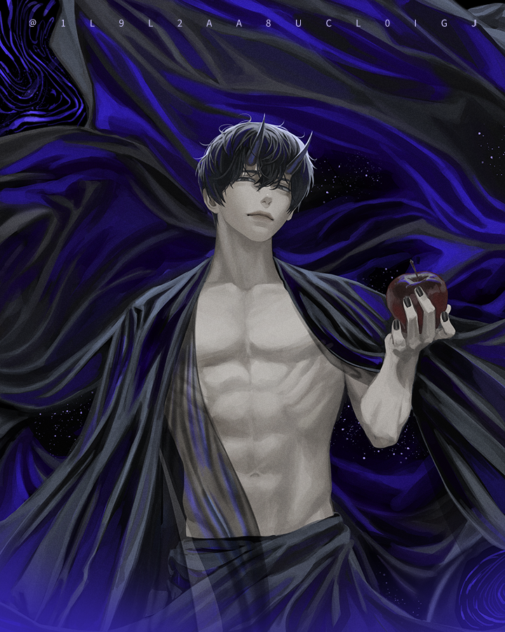 blackbox (blackbox9158), hades (omniscient reader's viewpoint), kim dokja, omniscient reader's viewpoint, 1boy, :|, abs, apple, bags under eyes, black cloak, black eyes, black hair, black nails, borrowed design, cloak, closed mouth, dark, demon horns, double-parted bangs, food, fruit, hair between eyes, half-closed eyes, hand up, holding, holding food, holding fruit, horns, looking at viewer, male focus, muted color, no shirt, official alternate costume, pectorals, robe, satin, short hair, solo, toned, toned male, transformation