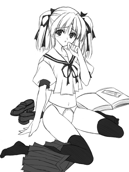 kobayashi chisato, original, feet, greyscale, hair ribbon, monochrome, panties, ribbon, school uniform, serafuku, solo, thighhighs, underwear