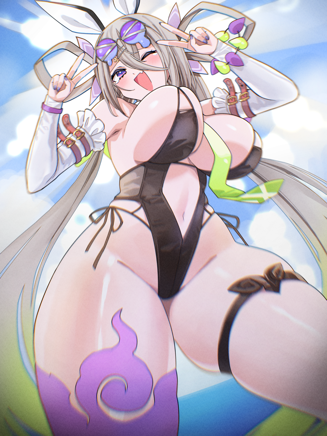 tyone, huyan zhuo (fate), huyan zhuo (swimsuit berserker) (fate), fate/grand order, fate (series), highres, 1girl, animal ears, bare shoulders, black one-piece swimsuit, blue sky, blush, breasts, cleavage, detached collar, detached sleeves, eyewear on head, fake animal ears, grey hair, hair between eyes, hair ornament, hair rings, hairclip, highleg, highleg one-piece swimsuit, large breasts, long hair, looking at viewer, low twintails, navel, necktie, one-piece swimsuit, one eye closed, open mouth, plunging neckline, purple eyes, sky, smile, solo, sunglasses, swimsuit, thigh strap, thighs, twintails, very long hair