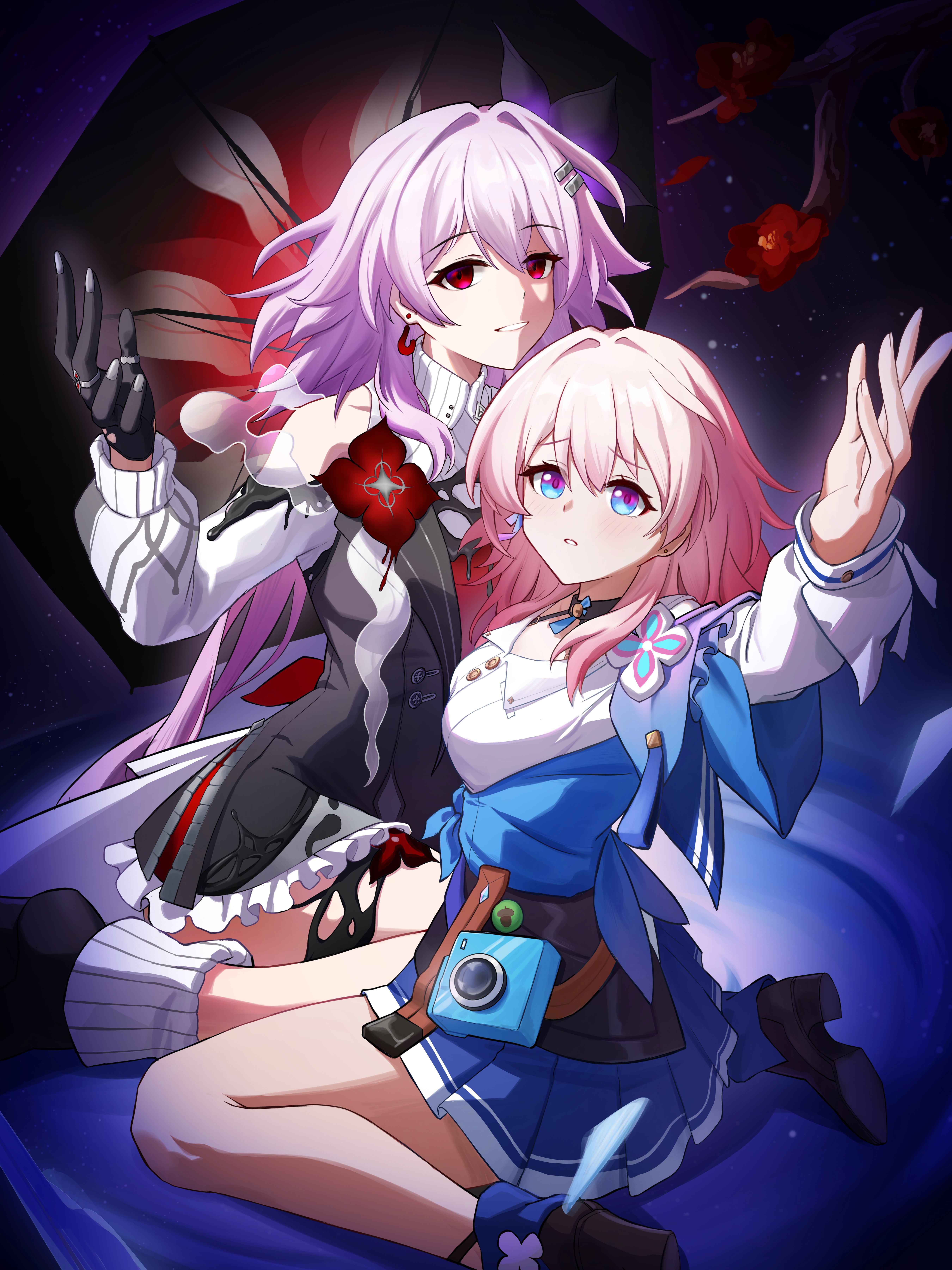 yunmo (znfc8352), evernight (honkai: star rail), march 7th (honkai: star rail), honkai: star rail, honkai (series), absurdres, highres, 1girl, black dress, black flower, black gloves, cosplay, dress, dual persona, evernight (honkai: star rail) (cosplay), flower, gloves, hair between eyes, hair flower, hair ornament, long hair, looking at viewer, pink hair, red eyes, smile, solo