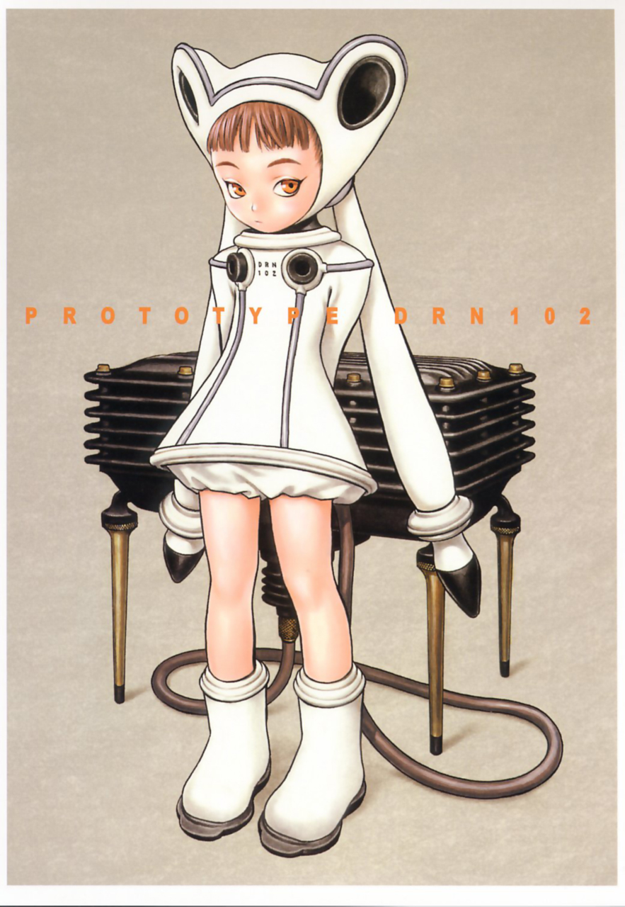 murata range, like a balance life, highres, animal ears, boots, brown hair, flat chest, full body, orange eyes, solo