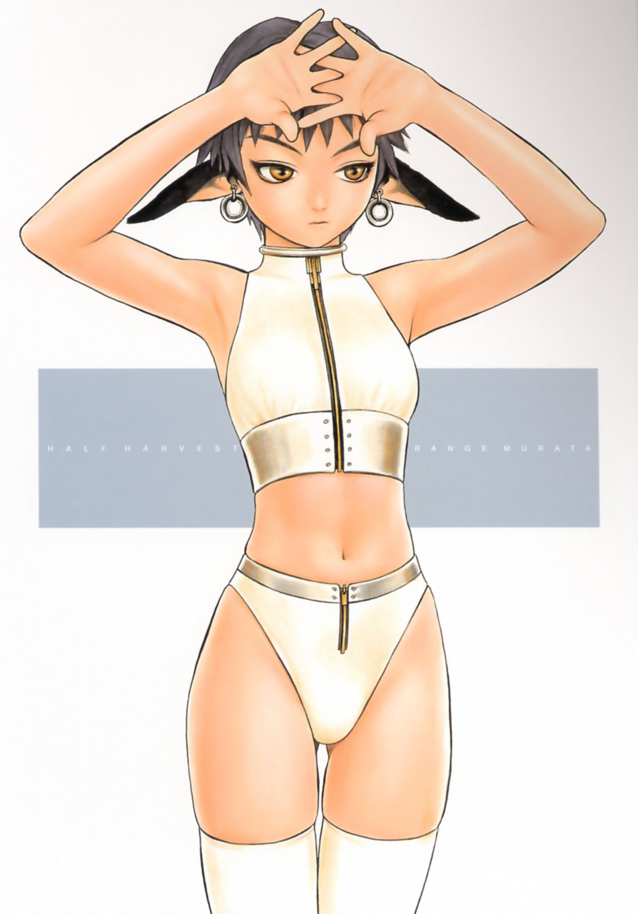 murata range, like a balance life, highres, 1girl, animal ears, armpits, arms up, cowboy shot, female focus, flat chest, midriff, sleeveless, sleeveless turtleneck, solo, thighhighs, turtleneck, yellow eyes