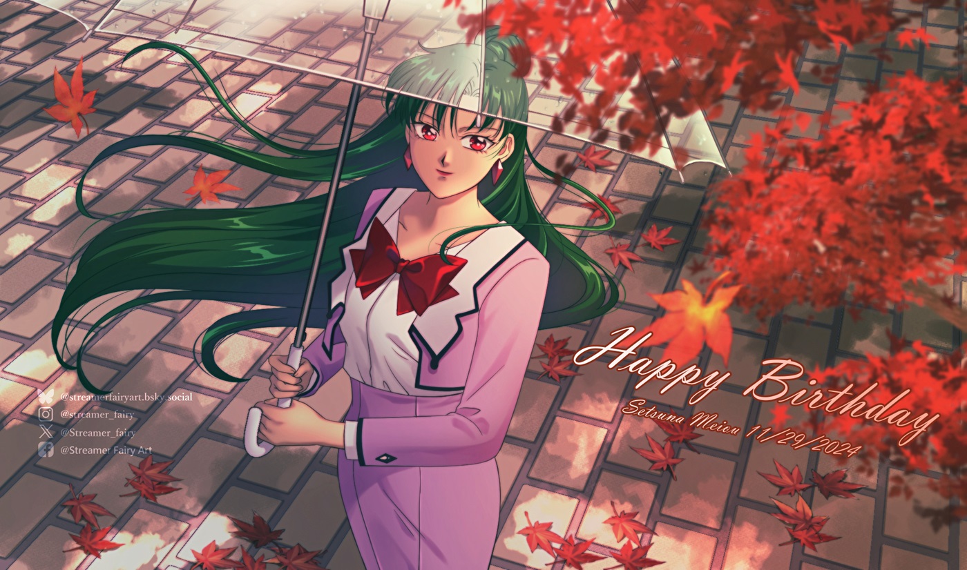 koya, meiou setsuna, bishoujo senshi sailor moon, bow, bowtie, earrings, formal clothes, green hair, hair bun, jewelry, lips, long hair, pink suit, red bow, red bowtie, red eyes, shirt, single hair bun, skirt, skirt suit, smile, suit, tan, transparent, transparent umbrella, umbrella, white shirt
