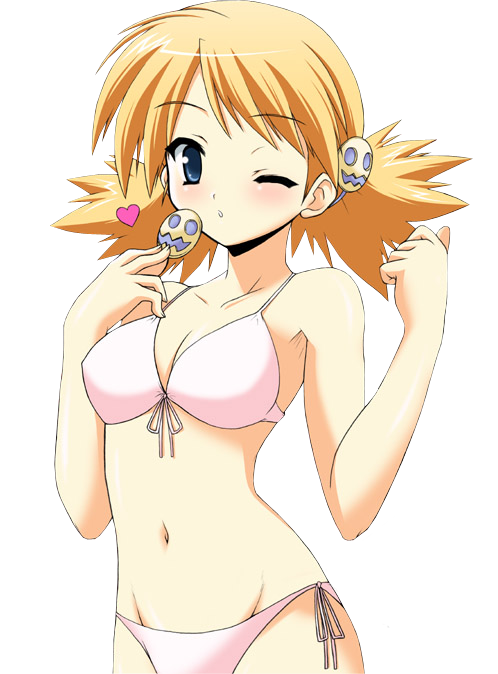 sasamori karin, to heart (series), to heart 2, 00s, 1girl, bikini, blonde hair, blue eyes, female focus, one eye closed, side-tie bikini bottom, solo, swimsuit, transparent background, white bikini, wink