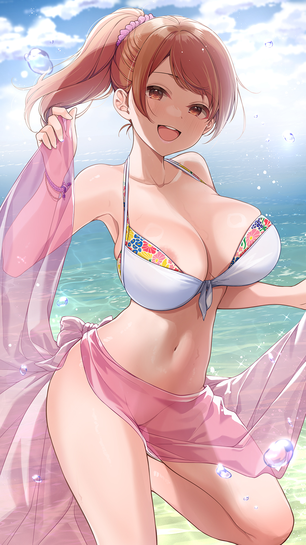 mk (mod0), hojo karen, idolmaster, idolmaster cinderella girls, bad source, commentary request, highres, 1girl, :d, areola slip, bare arms, bikini, bikini top only, blue sky, bracelet, breasts, brown eyes, brown hair, cleavage, cloud, collarbone, day, floral print bikini, hair ornament, hair scrunchie, horizon, jewelry, large breasts, layered bikini, navel, ocean, open mouth, outdoors, pink sarong, sarong, scrunchie, see-through clothes, see-through sarong, sidelocks, sky, smile, solo, standing, standing on one leg, swimsuit, teeth, upper teeth only, water drop, yellow bikini