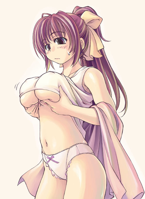 mil (xration), 95-tan, os-tan, 1girl, bare shoulders, blush, breasts, brown eyes, brown hair, clothes lift, cowboy shot, female focus, grabbing another's breast, groping, hair ribbon, huge breasts, large breasts, long hair, looking down, navel, panties, ponytail, purple eyes, purple hair, ribbon, shirt lift, solo, sweatdrop, tank top, underboob, underwear