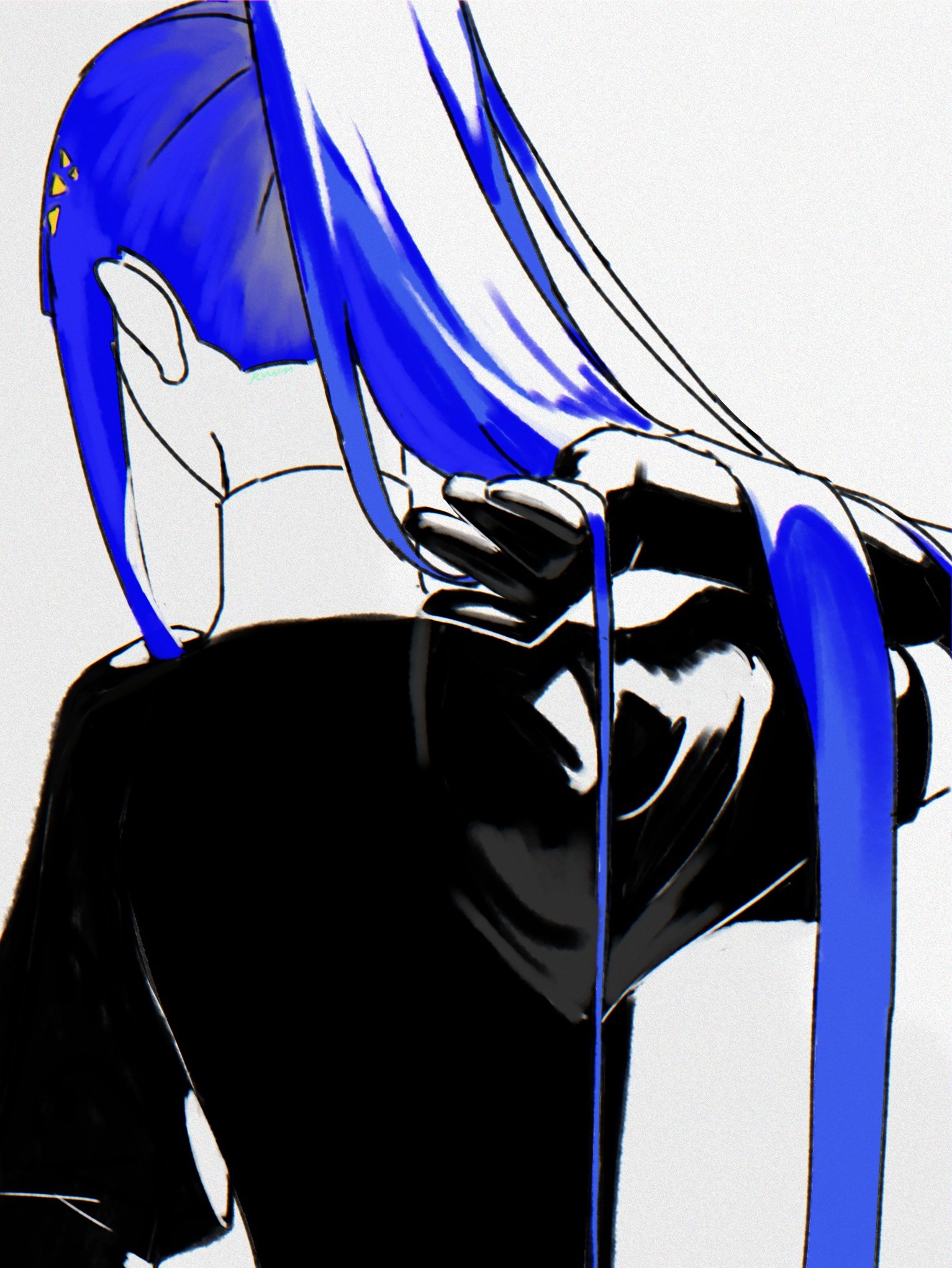 lapis lazuli (houseki no kuni), houseki no kuni, commentary, english commentary, highres, 1other, adjusting hair, black gloves, black jacket, blue hair, elbow gloves, from behind, gem uniform (houseki no kuni), gloves, jacket, kvwm, long hair, solo
