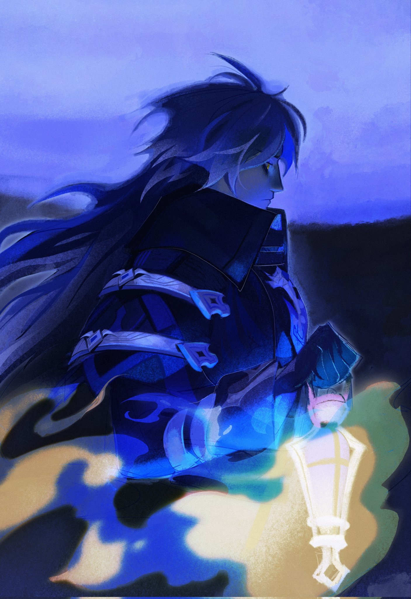 auro (duhaeriss), flins (genshin impact), genshin impact, commentary, english commentary, highres, 1boy, antenna hair, bags under eyes, black coat, black gloves, blue hair, blurry, blurry background, closed mouth, coat, from side, gloves, glowing, gradient hair, hair between eyes, holding, holding lantern, lantern, long hair, long sleeves, looking down, multicolored hair, night, night sky, outdoors, shade, sky, solo, standing, upper body, wavy hair, yellow eyes