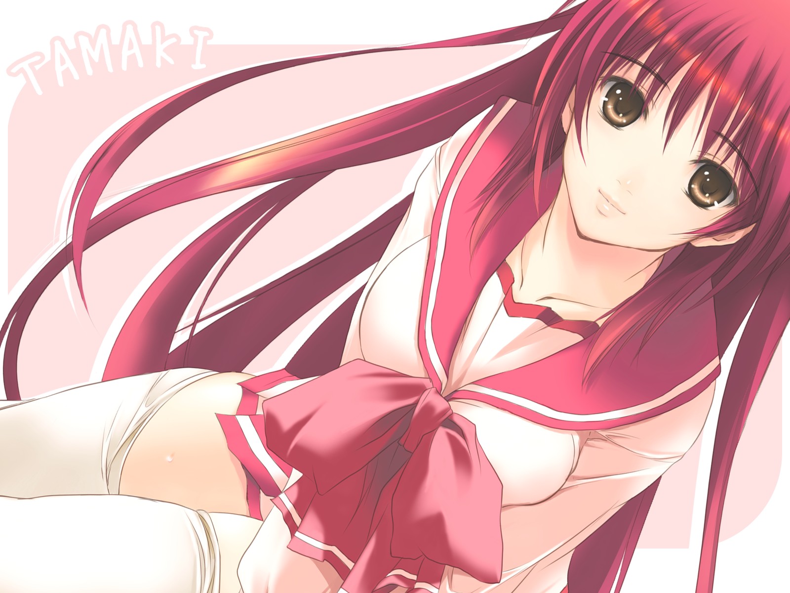 kikurage (plastic people), kousaka tamaki, to heart (series), to heart 2, highres, 00s, 1girl, brown eyes, female focus, lips, long hair, red hair, school uniform, serafuku, solo, thighhighs, very long hair, white thighhighs