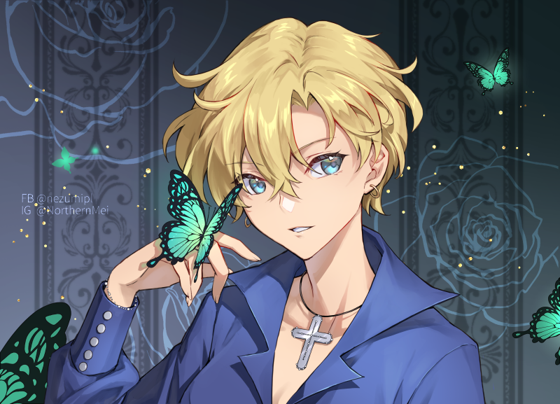 nezumipl, ten'ou haruka, bishoujo senshi sailor moon, 1girl, blonde hair, blue eyes, blue shirt, bug, butterfly, collarbone, collared shirt, cross, cross necklace, earrings, insect, jewelry, latin cross, looking at viewer, necklace, shirt, short hair