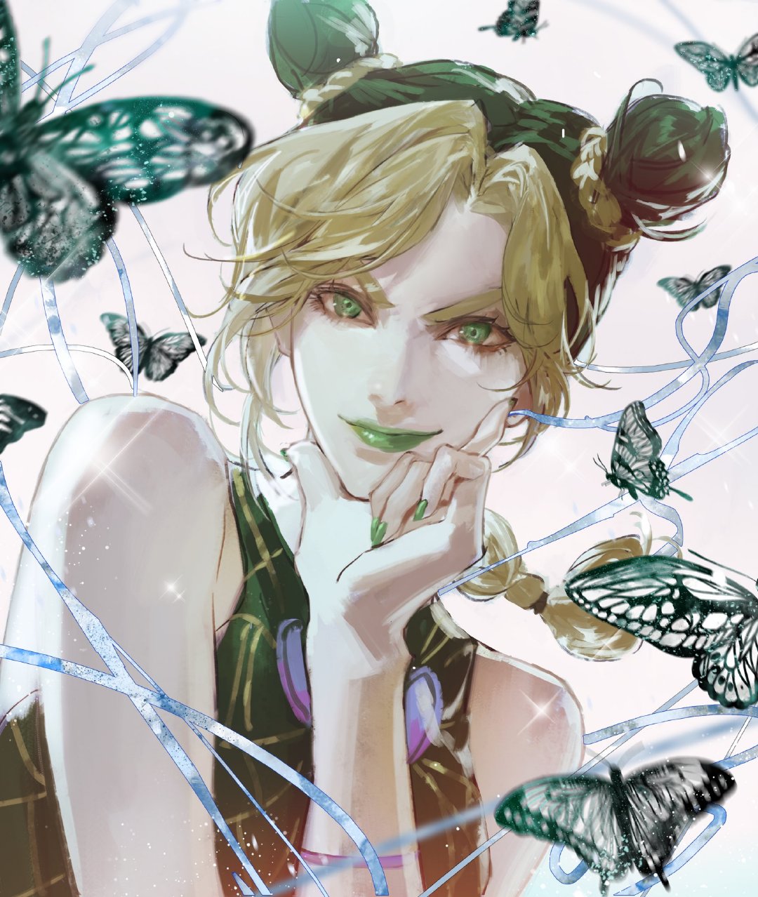 aaak 00000, kuujou jolyne, jojo no kimyou na bouken, highres, 1girl, bare shoulders, bug, butterfly, green eyes, green nails, green shirt, insect, long hair, multicolored hair, shirt, smile, solo