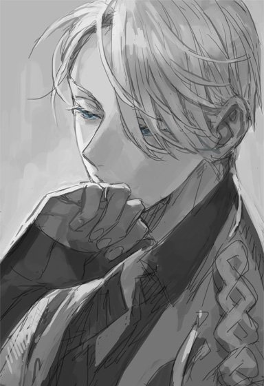 11mtri, viktor nikiforov, yuri!!! on ice, 1boy, arm up, collared shirt, covering own mouth, eyelashes, fingernails, greyscale, hair over one eye, long sleeves, looking down, male focus, monochrome, parted hair, portrait, shirt, short hair, sketch, solo, wing collar