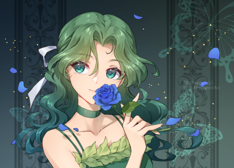 nezumipl, kaiou michiru, bishoujo senshi sailor moon, 1girl, aqua eyes, blue flower, blue rose, choker, collarbone, dress, flower, green choker, green dress, green hair, lips, parted hair, rose, smile, solo, wavy hair