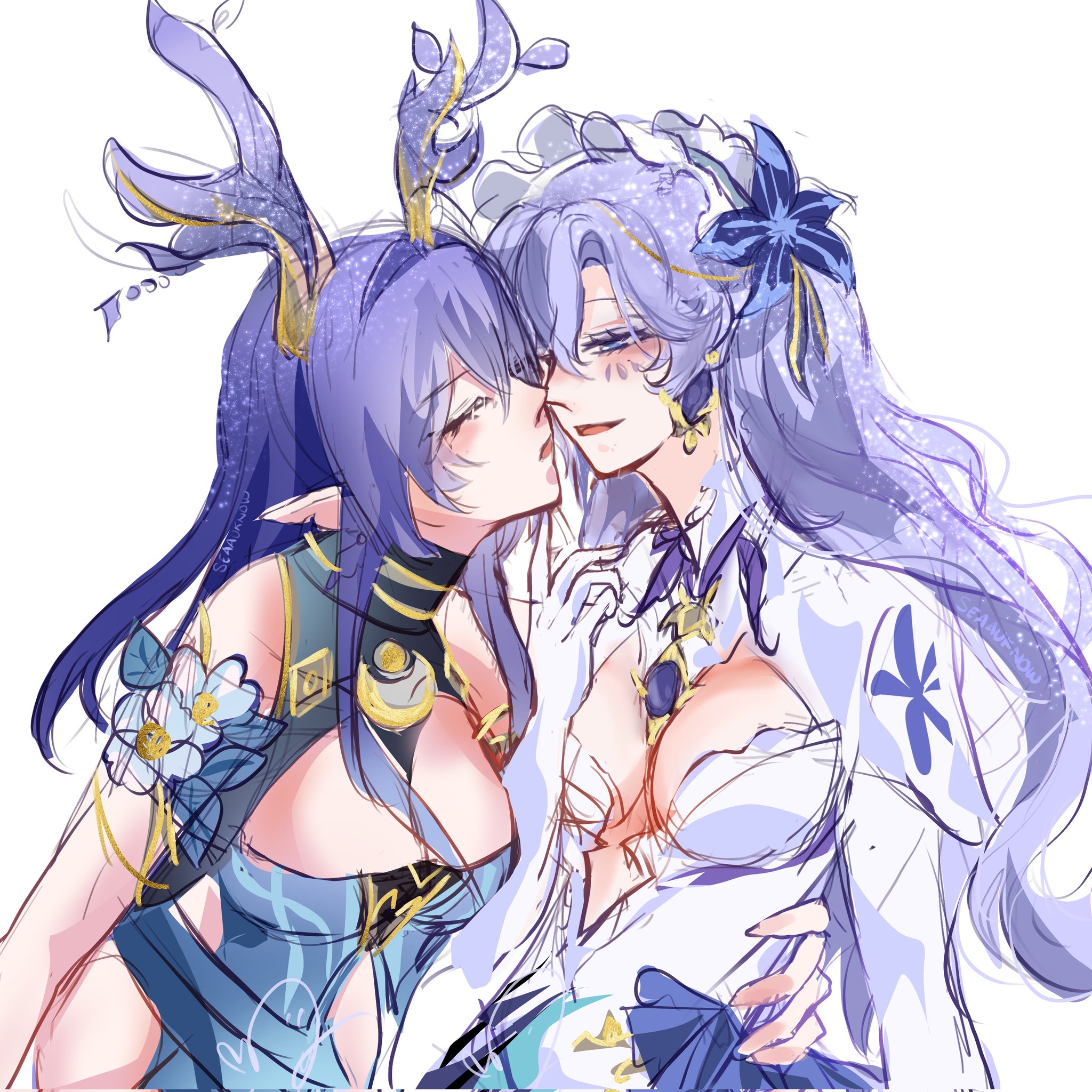 cantarella (wuthering waves), lauma (genshin impact), genshin impact, wuthering waves, commentary, english commentary, highres, 2girls, alexandra guelff, antlers, aqua dress, arm hug, armlet, bare shoulders, blue eyes, blue hair, blush, breasts, cleavage, closed eyes, clothing cutout, couple, crescent, crossover, deer antlers, deer girl, dress, hair between eyes, hair ornament, hair over one eye, hand on another's chin, headdress, heads together, horns, huge breasts, incoming kiss, index finger raised, jewelry, leaning on person, leaning to the side, long hair, long sleeves, looking to the side, multiple girls, open mouth, pointy ears, scales, seaauknow, simple background, sketch, standing, thighs, torso grab, upper body, voice actor connection, white background, white dress, yuri
