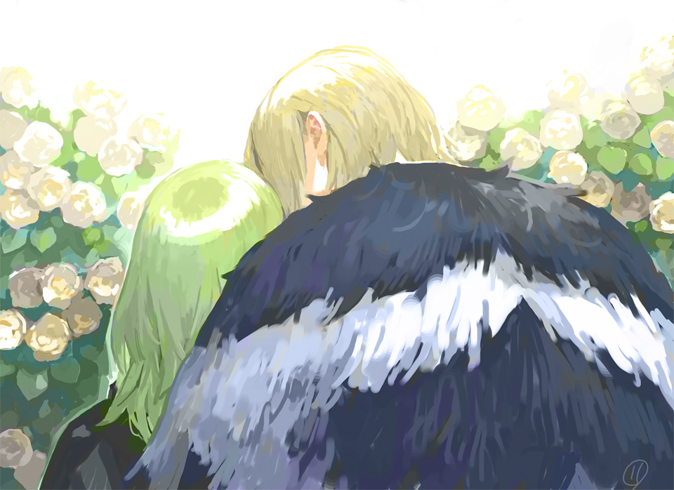 11mtri, dimitri alexandre blaiddyd, dimitri alexandre blaiddyd (timeskip), female byleth (enlightened) (fire emblem), female byleth (fire emblem), fire emblem, fire emblem: three houses, nintendo, commentary request, 1boy, 1girl, armor, black armor, black cape, black fur, blonde hair, cape, flower, from behind, gorget, green hair, hair behind ear, hetero, leaf, medium hair, plant, rose, upper body, white flower, white fur, white rose