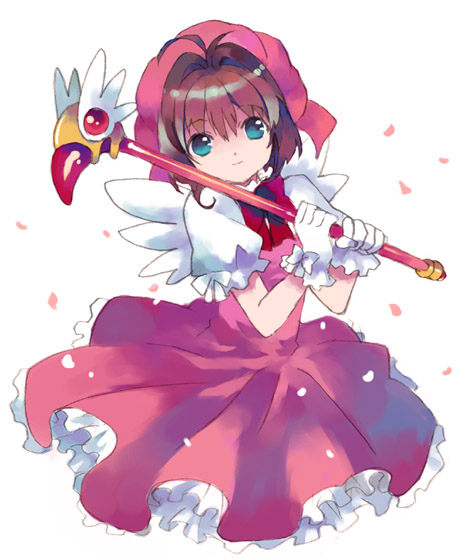 shatiko, kinomoto sakura, kinomoto sakura (magician), cardcaptor sakura, 1990s (style), 1girl, brown hair, child, female focus, fuuin no tsue, hat, magical girl, pink hat, retro artstyle, short hair, solo