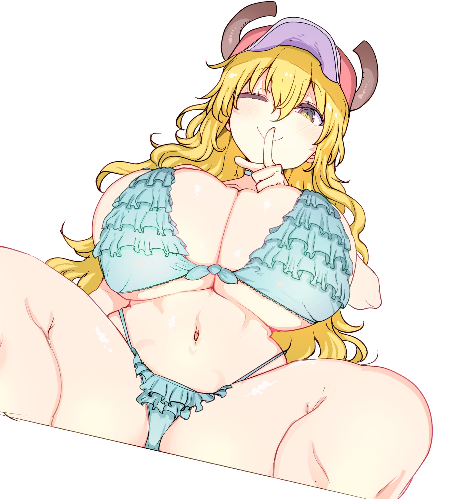 cool-kyou shinja, lucoa (maidragon), kobayashi-san chi no maidragon, highres, bikini, blonde hair, blue bikini, breasts, cleavage, dragon horns, finger to mouth, frilled bikini, frills, hair between eyes, hat, highleg, highleg bikini, horns, huge breasts, long hair, navel, one eye closed, shushing, sitting, solo, swimsuit, thick thighs, thighs, underboob
