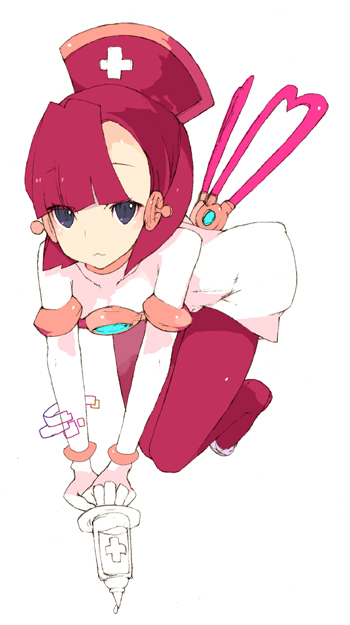 brws, capcom, mega man (series), mega man zero (series), cyber elf (mega man), nurse, pink hair, short hair, solo, syringe