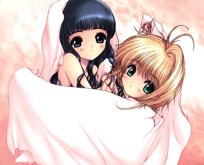 odagiri sakura, daidouji tomoyo, kinomoto sakura, cardcaptor sakura, 1990s (style), 2girls, antenna hair, blanket, blonde hair, blue eyes, blue hair, green eyes, loli, long hair, multiple girls, retro artstyle, short hair, towel