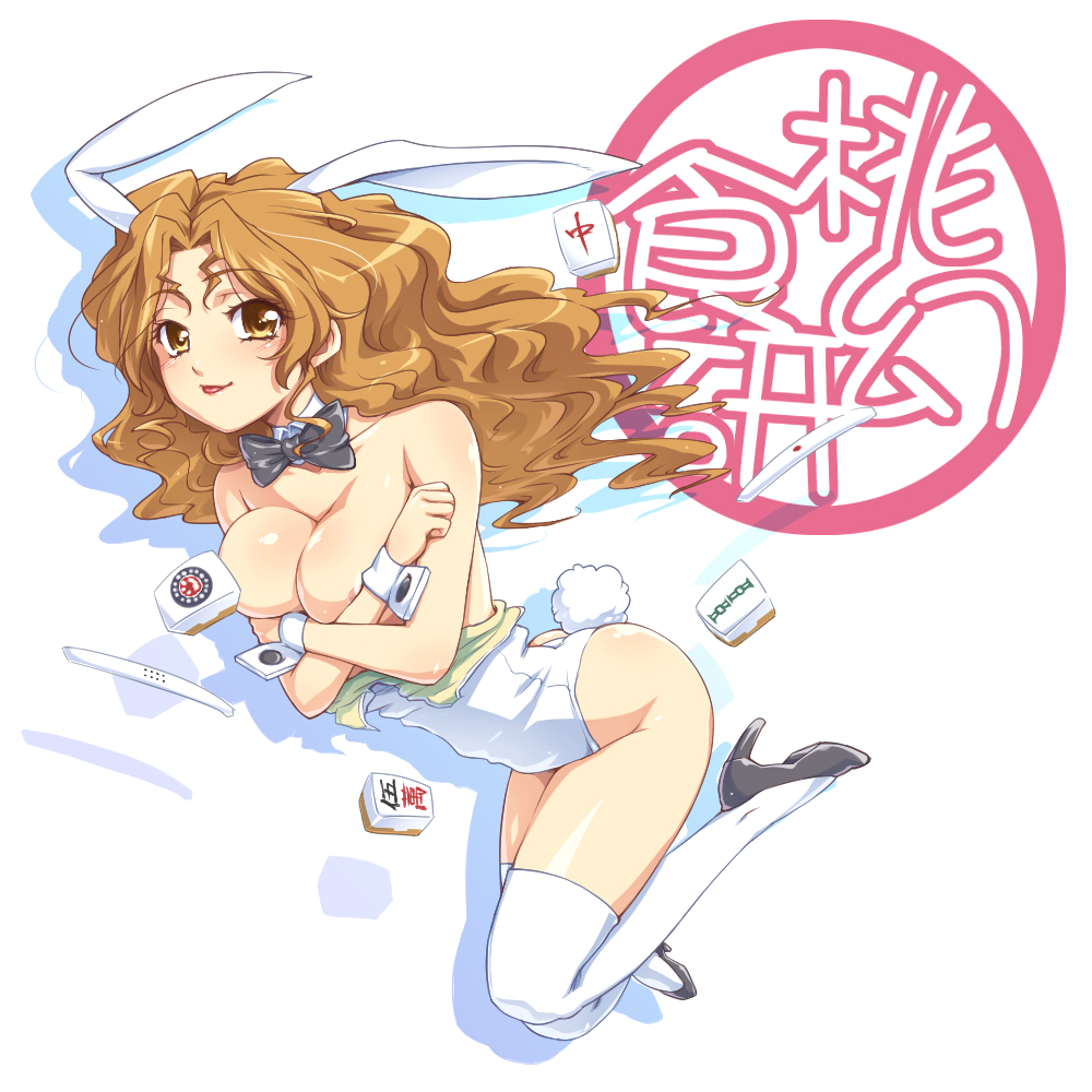 hairu, hayasaka akira, super real mahjong, 1girl, animal ears, board game, bow, bowtie, breasts, cleavage, fake animal ears, female focus, high heels, large breasts, leotard, mahjong, mahjong tile, playboy bunny, rabbit ears, shoes, solo, thighhighs