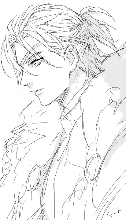 11mtri, dimitri alexandre blaiddyd, dimitri alexandre blaiddyd (timeskip), fire emblem, fire emblem: three houses, nintendo, unfinished, 1boy, cape, closed mouth, eyelashes, eyepatch, from side, fur-trimmed cape, fur trim, greyscale, looking ahead, male focus, monochrome, profile, simple background, sketch, solo, white background