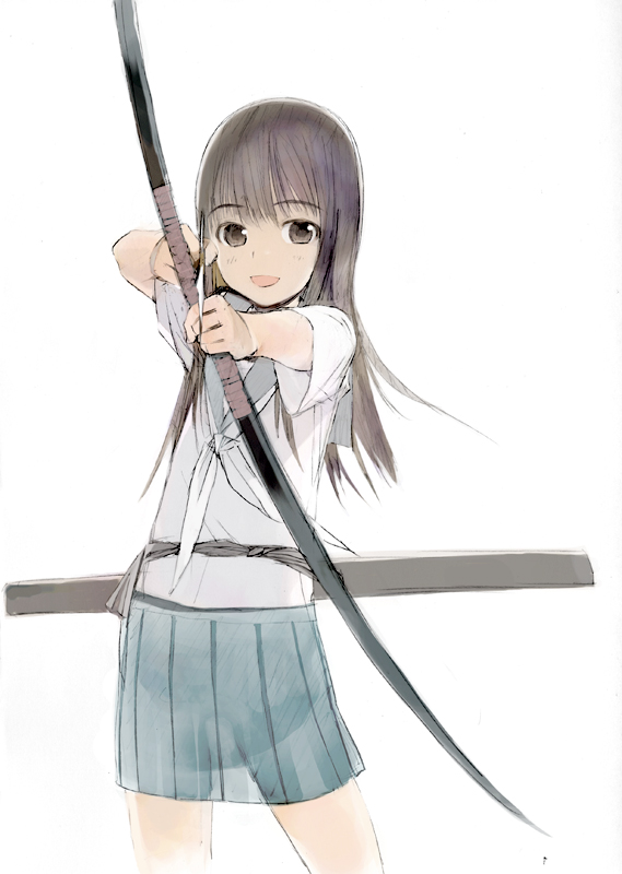 okama, original, eyebrows, 1girl, :d, bow (weapon), female focus, holding, holding weapon, long hair, looking at viewer, open mouth, pleated skirt, school uniform, see-through silhouette, serafuku, short sleeves, skirt, smile, solo, weapon