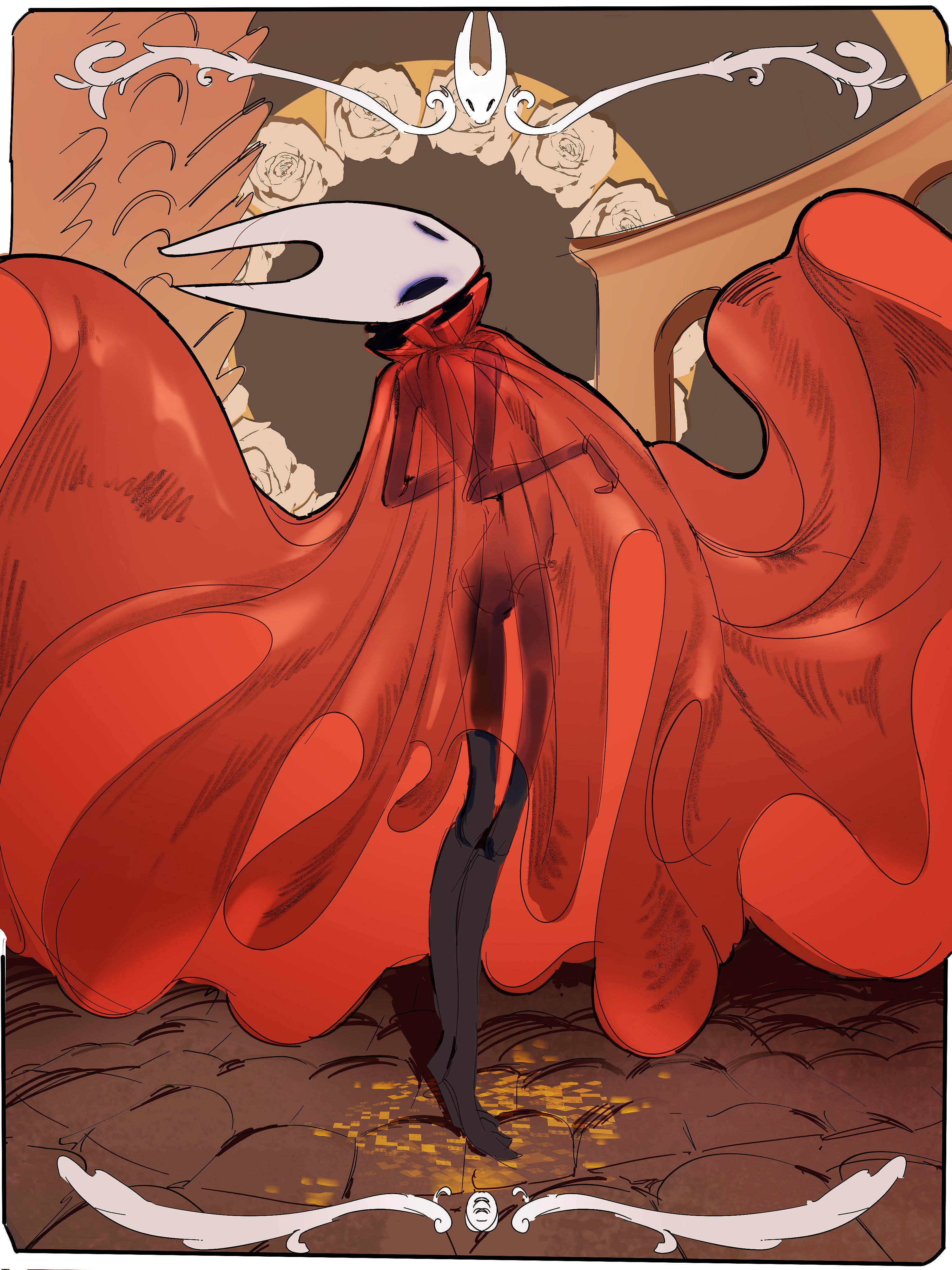 austinarts, hornet (hollow knight), hollow knight, hollow knight: silksong, absurdres, highres, 1girl, arthropod girl, black eyes, black skin, blank eyes, cloak, colored skin, full body, hollow eyes, horned mask, horns, looking at viewer, mask, red cloak, solo, standing