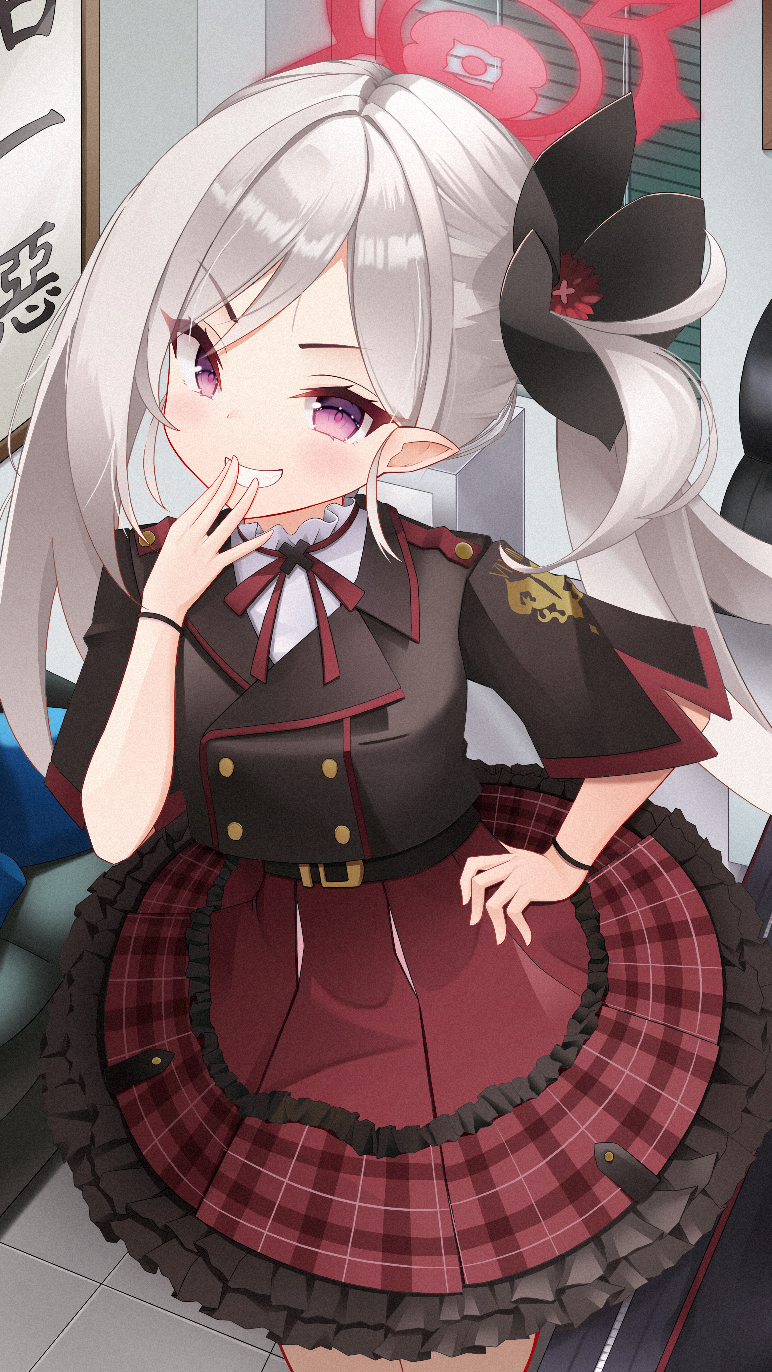 rim (rimmon2438), mutsuki (blue archive), blue archive, absurdres, commentary, highres, 1girl, :d, belt, black belt, black flower, black shirt, blush, buttons, cowboy shot, double-breasted, eyelashes, eyes visible through hair, fang, film grain, flower, frilled skirt, frills, grey hair, grin, hair between eyes, hair flower, hair ornament, halo, hand on own hip, hand up, high-waist skirt, indoors, long hair, neck ribbon, open mouth, plaid clothes, plaid skirt, purple eyes, red halo, red ribbon, red skirt, ribbon, shirt, short sleeves, side ponytail, skirt, smile, smug, solo, v-shaped eyebrows, very long hair