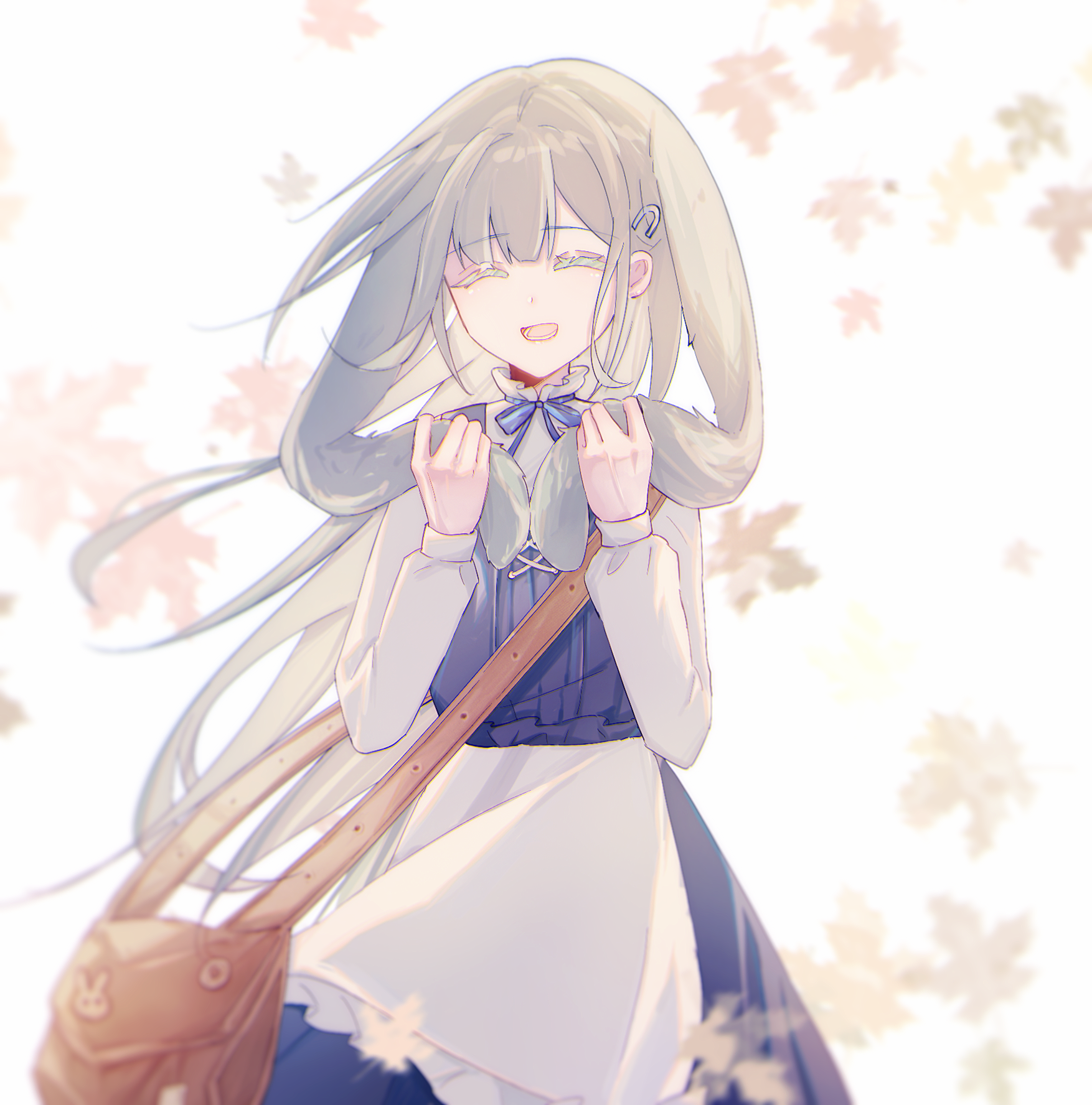 wakaba mutsumi, arknights, bang dream!, bang dream! it's mygo!!!!!, chinese commentary, commentary request, highres, 1girl, :d, ^ ^, animal ears, apron, blue ribbon, blue skirt, closed eyes, cowboy shot, dai wo huiqu nage difang, facing viewer, floppy ears, green hair, hands up, holding own ears, long hair, long sleeves, neck ribbon, open mouth, rabbit ears, rabbit girl, ribbon, shirt, sidelocks, skirt, smile, solo, standing, waist apron, wakaba mutsumi (marionette's id), white apron, white shirt