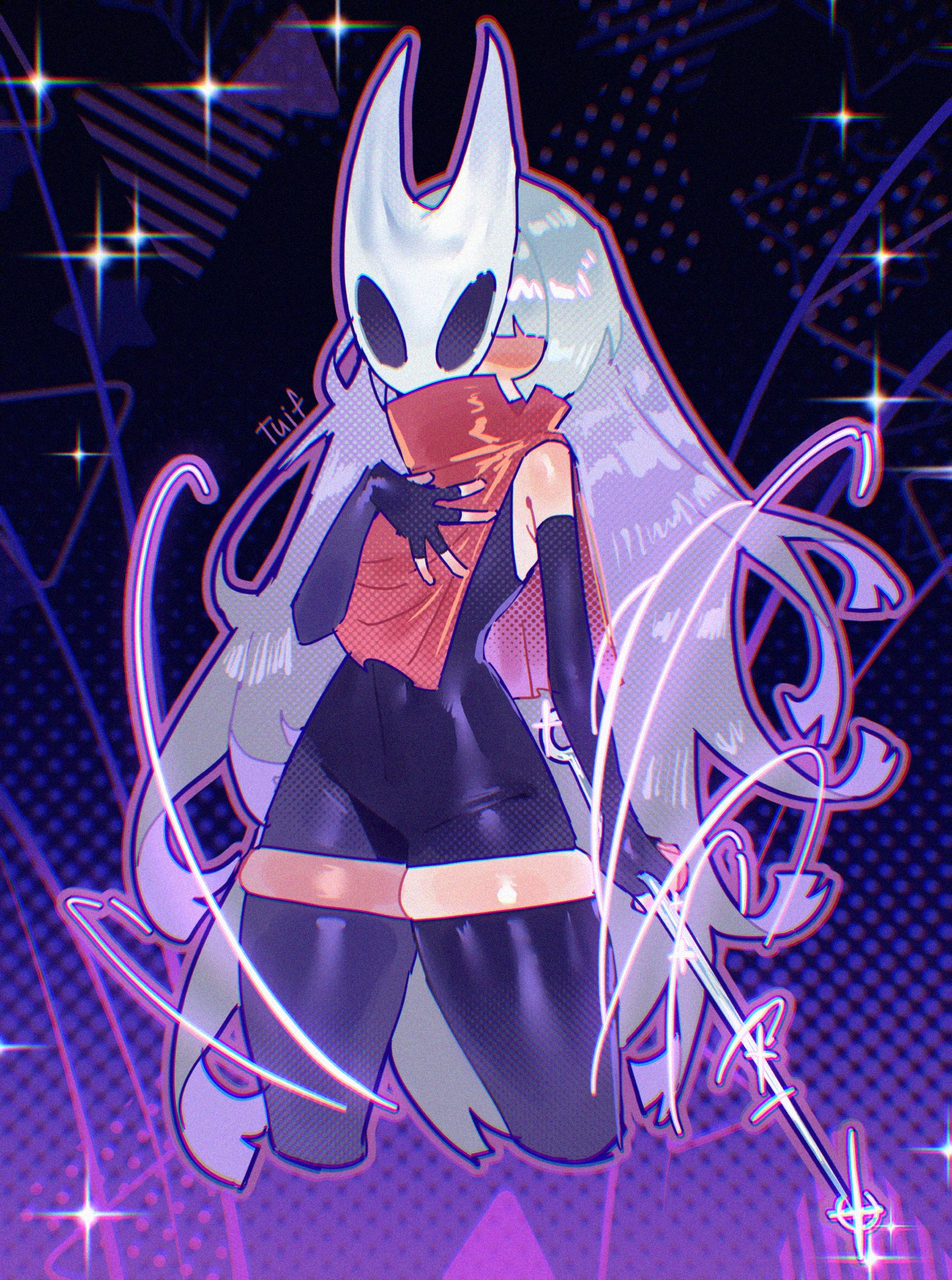 tuiffff, hornet (hollow knight), hollow knight, hollow knight: silksong, highres, 1girl, cloak, holding, horned mask, humanization, long hair, looking at viewer, mask, needle (hollow knight), red cloak, simple background, solo, standing, weapon, white hair