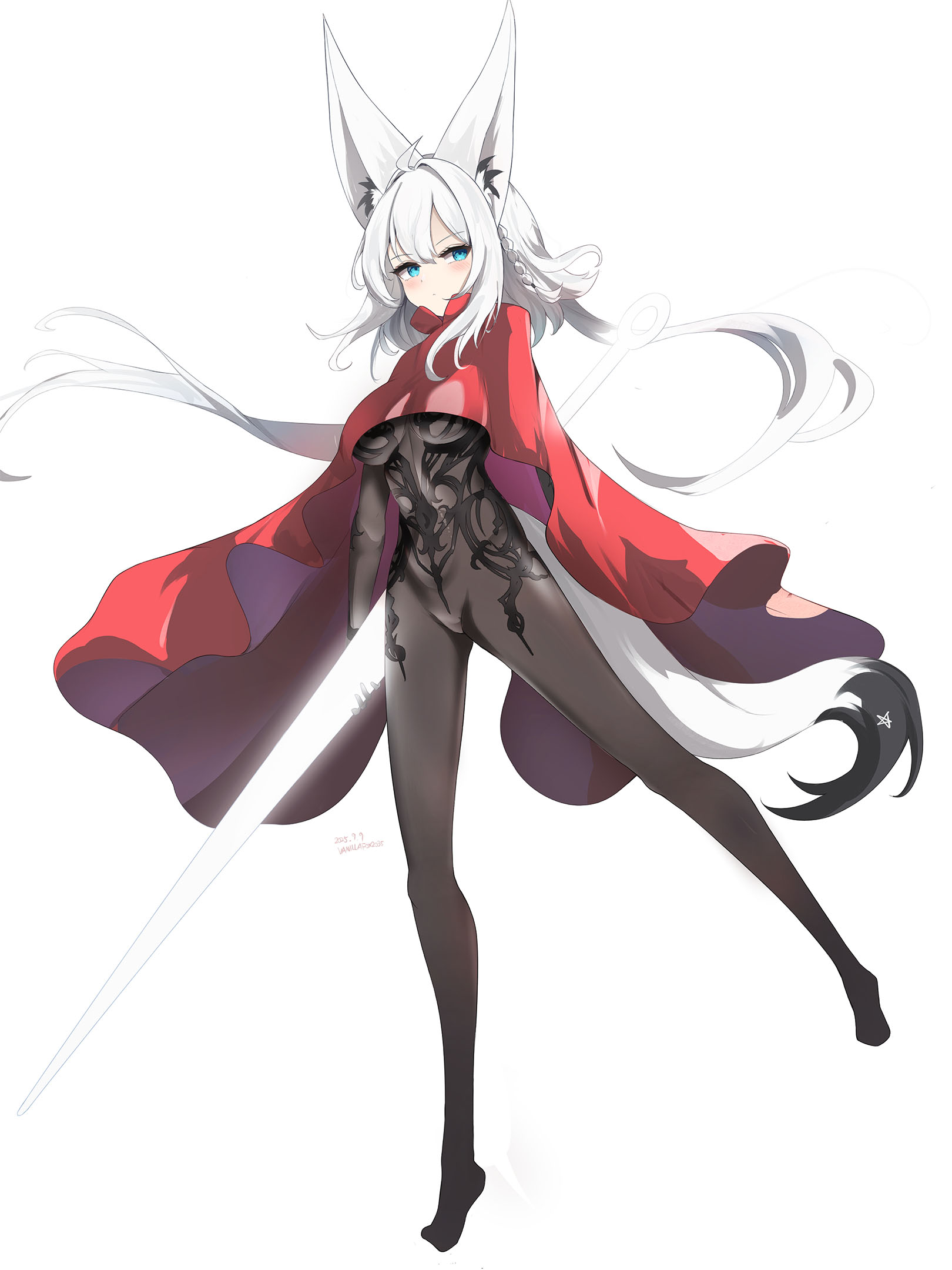 vanillafox2035, hornet (hollow knight), shirakami fubuki, hollow knight, hollow knight: silksong, hololive, commentary, english commentary, highres, 1girl, ahoge, animal ears, aqua eyes, black bodysuit, bodysuit, braid, cloak, cosplay, double-parted bangs, fox ears, fox girl, fox tail, full body, hair between eyes, holding, holding sword, holding weapon, hornet (hollow knight) (cosplay), long hair, looking at viewer, needle (hollow knight), pentagram, red cloak, side braid, simple background, single braid, skin tight, solo, sword, tail, virtual youtuber, weapon, white background, white hair