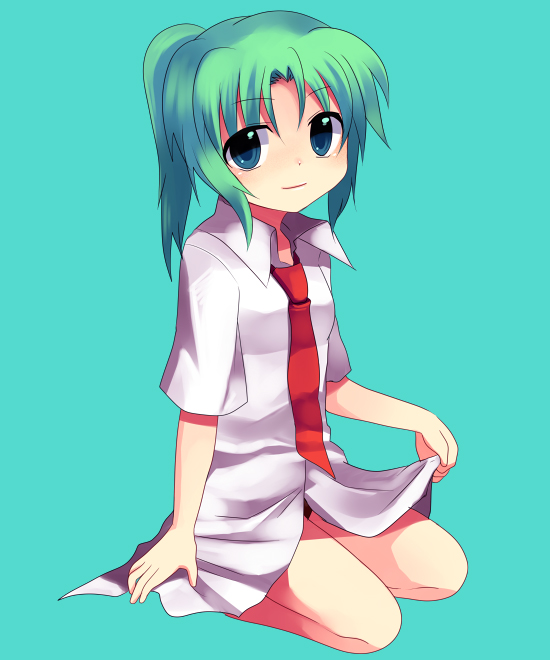 subaru (yachika), sonozaki mion, higurashi no naku koro ni, 00s, 1girl, bottomless, female focus, green eyes, green hair, matching hair/eyes, ponytail, solo